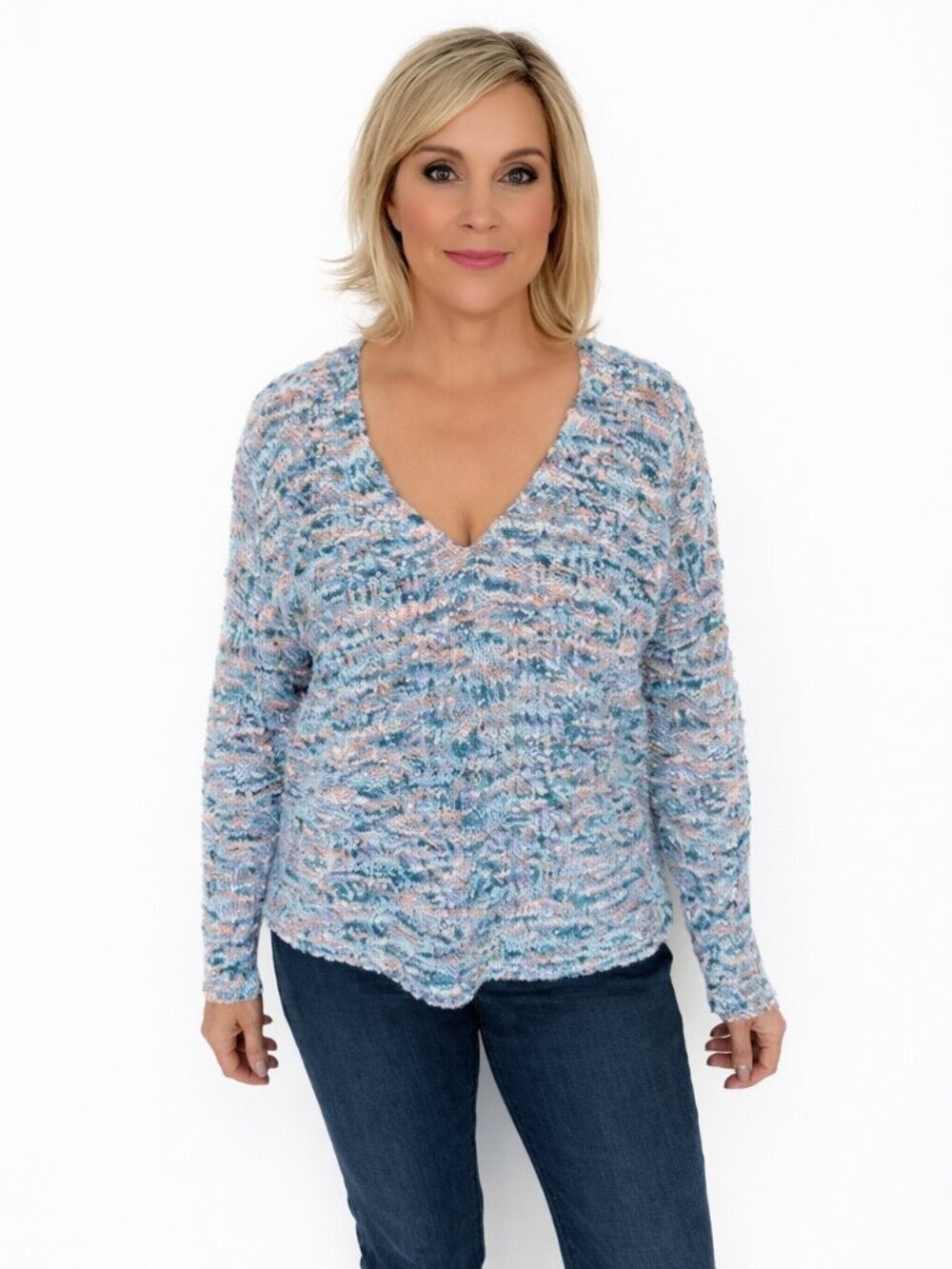 Rachel Zoe Confetti Popcorn Knit V-Neck Sweater | Size Large | Cozy & Chic